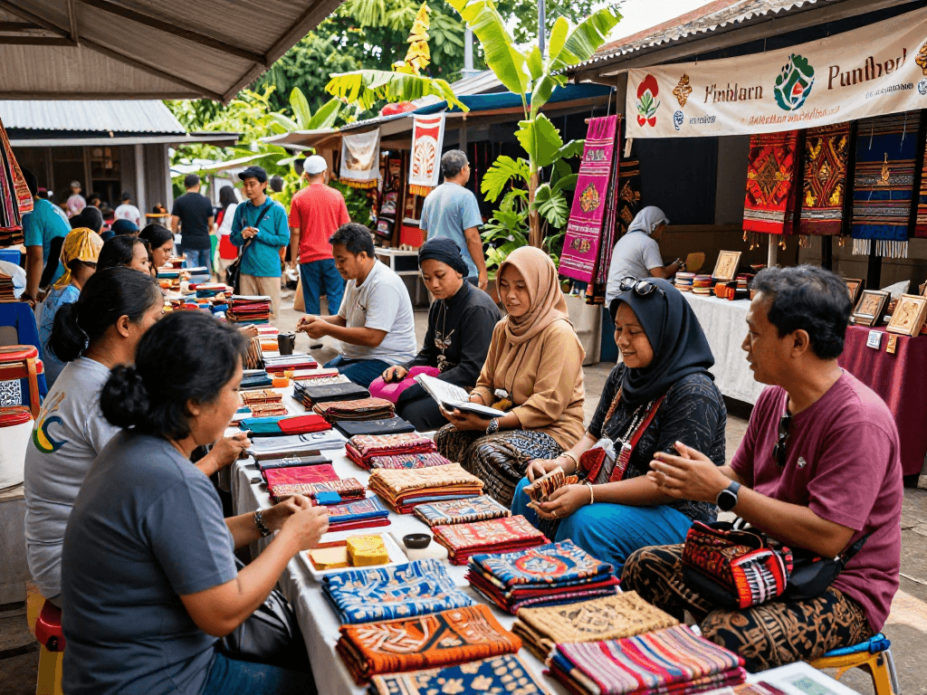 Local artisans showcasing vibrant products at the ROKOK88 marketplace, emphasizing the 'rokok88 rtp' initiative for supporting local businesses.