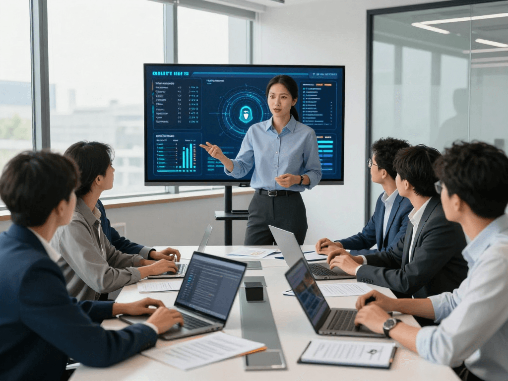Daten- und IT-Sicherheit Dienstleistung in einem modernen Büro mit Experten und einem Team, das Sicherheitsstrategien bespricht.
