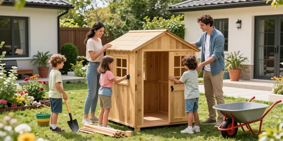 Familie beim Aufbau eines Gartenhauses im sonnigen Garten, mit Gartenwerkzeugen und bunten Pflanzen.