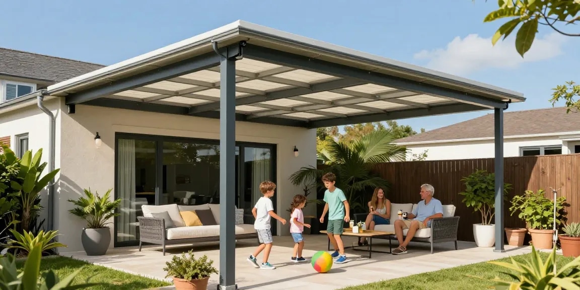 Familie genießt Zeit unter der freistehenden Terrassenüberdachung mit Pflanzen und Möbeln im Hintergrund.
