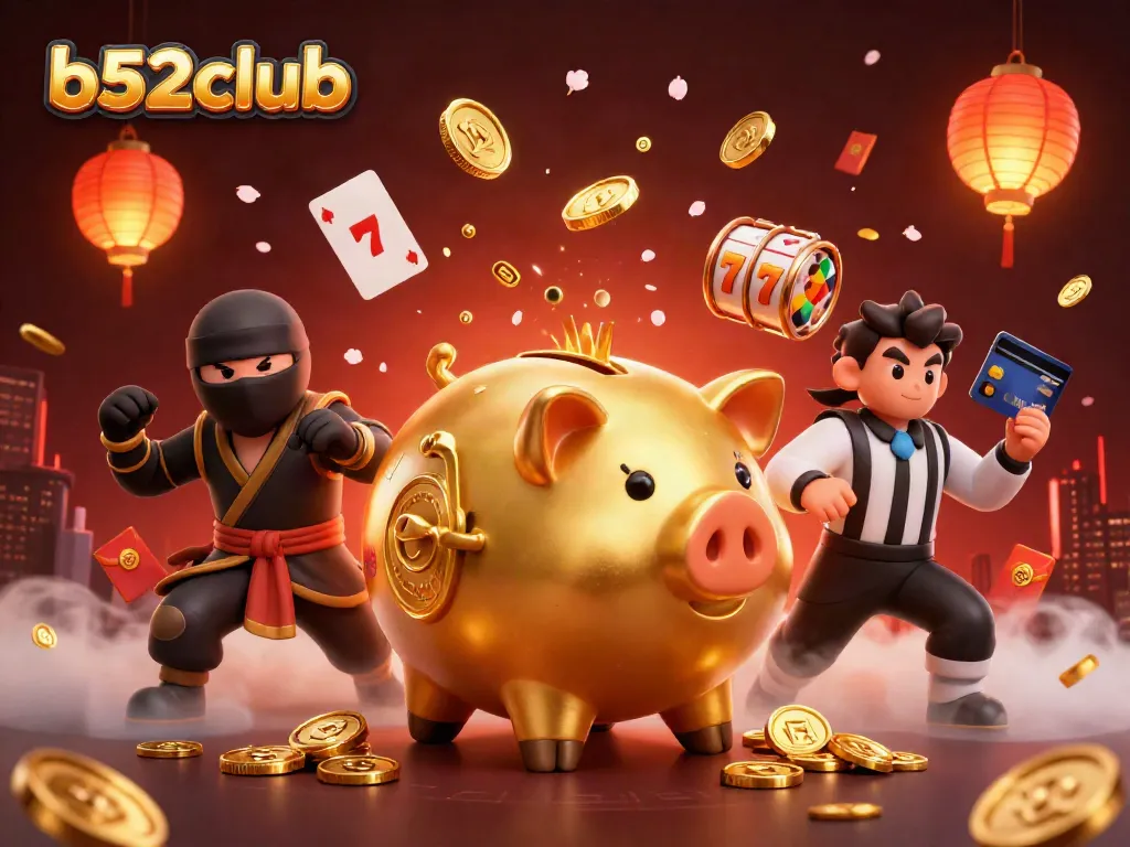 Experience the excitement at b52club with vibrant casino characters battling in a dynamic 3D illustration.