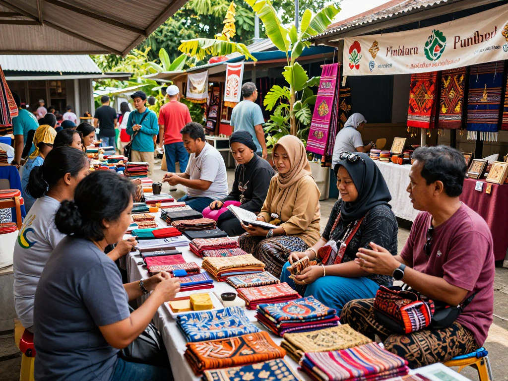Local artisans showcasing vibrant products at the ROKOK88 marketplace, emphasizing the 'rokok88 rtp' initiative for supporting local businesses.