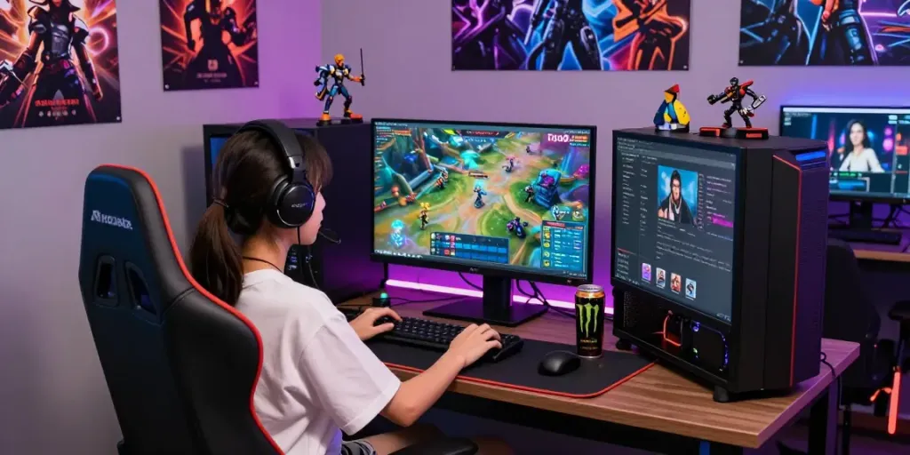 Young gamer engaged in rokok88 login on vibrant gaming setup with colorful LED lights.