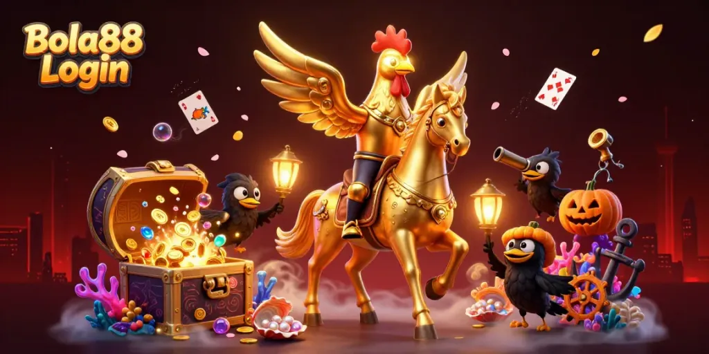 Engage with Bola88 Login through this vibrant 3D illustration depicting a mystical casino setup with a golden rooster and treasure elements.