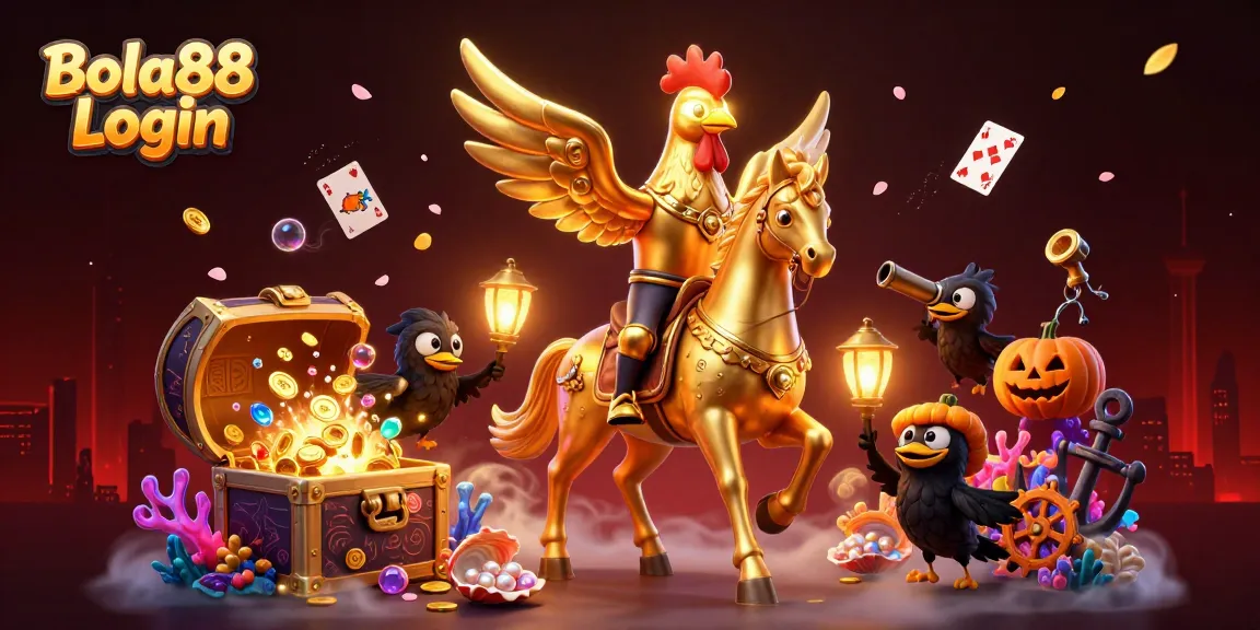 Engage with Bola88 Login through this vibrant 3D illustration depicting a mystical casino setup with a golden rooster and treasure elements.