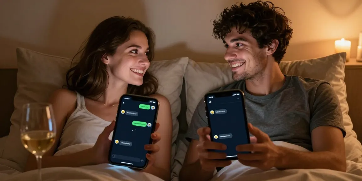 Couple enjoying a playful sex chat in a cozy bedroom with soft lighting.