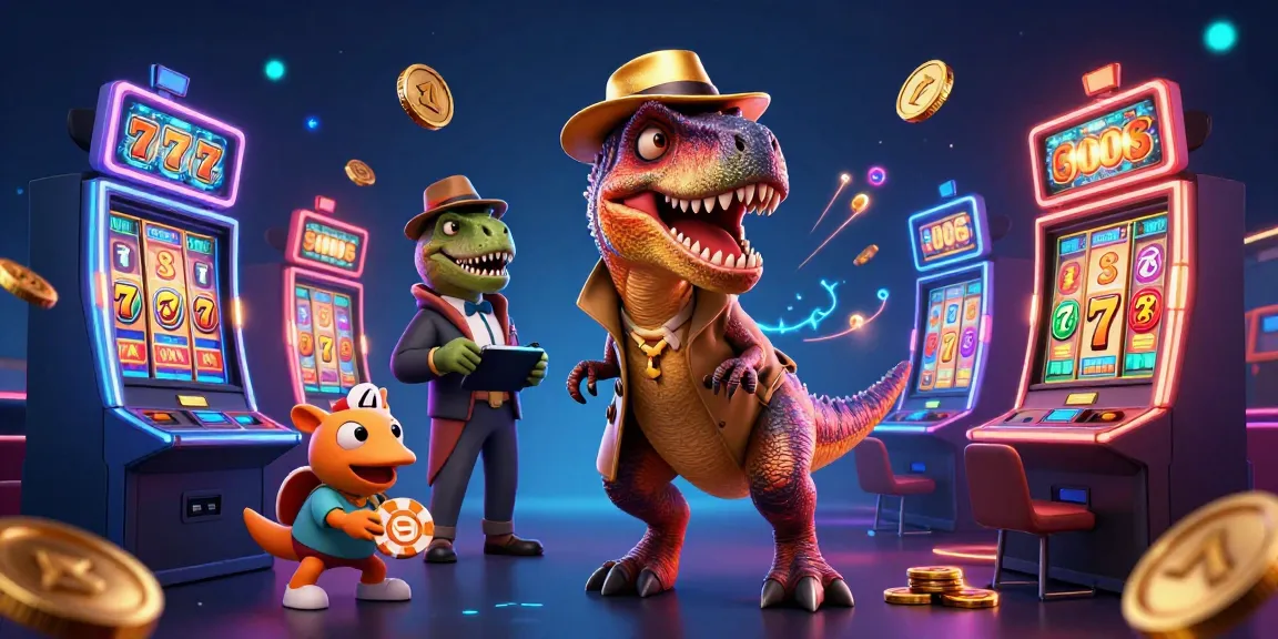 Engage in Nổ Hũ Sunwin with a velociraptor and friends at a vibrant slot machine game.