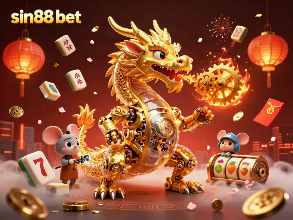 Engage with sin88 bet through a dynamic 3D illustration featuring a golden dragon amidst gambling elements.