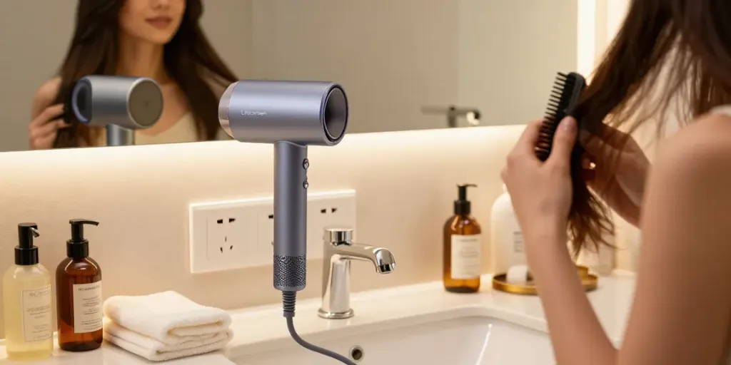 Laifen Haartrockner im Test, stilvolles Badezimmer-Setup mit Haarpflegeprodukten.