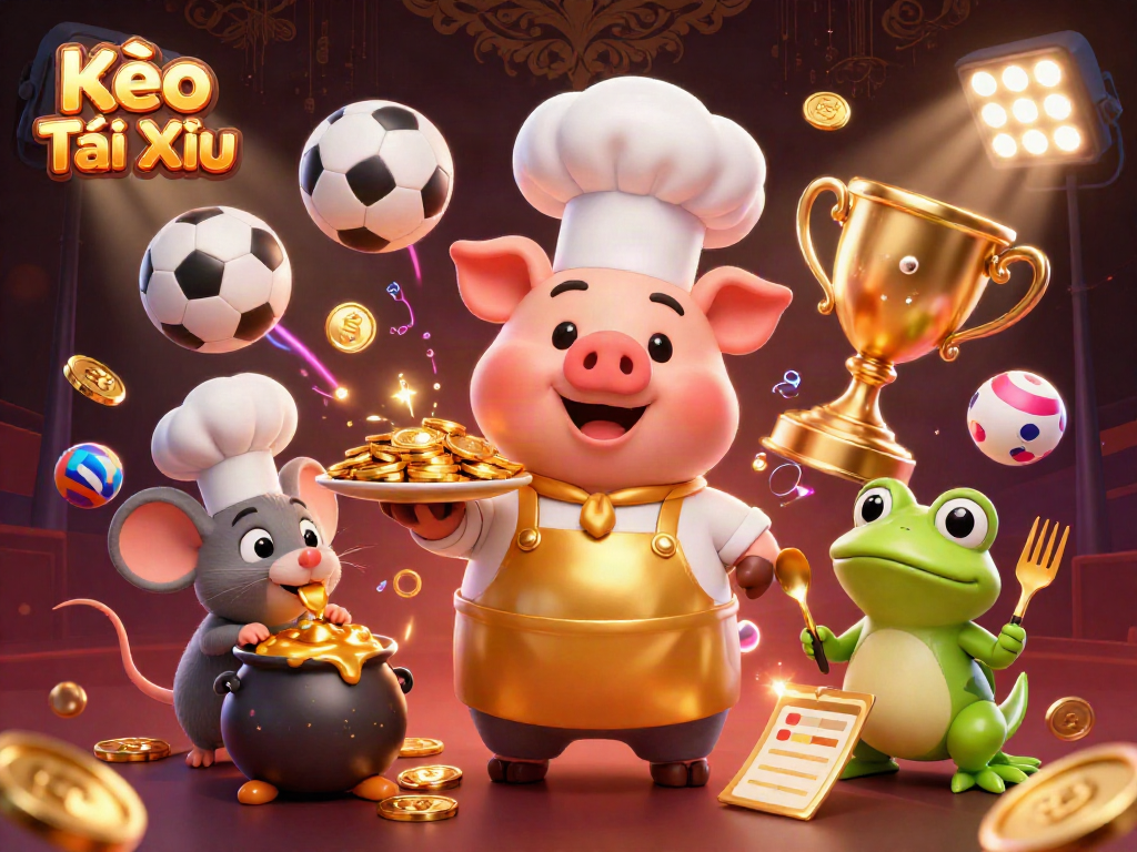 Experience Kèo Tài Xỉu action with playful casino characters and dynamic sports elements in a vibrant setting.
