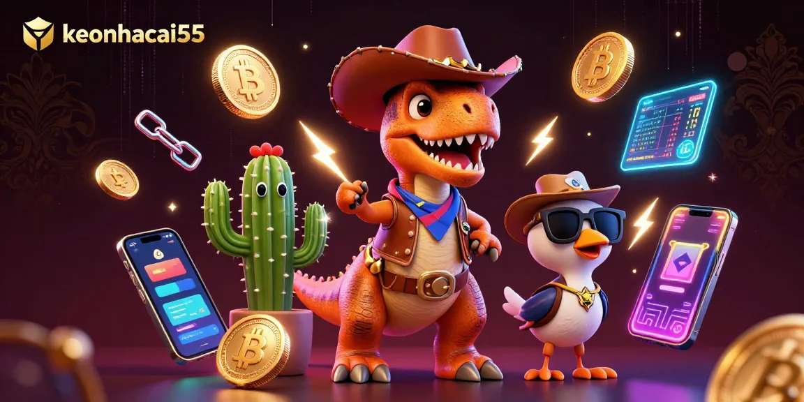 Engage with keonhacai55 as a cowboy dinosaur and friends explore vibrant crypto elements in an exciting casino setting.
