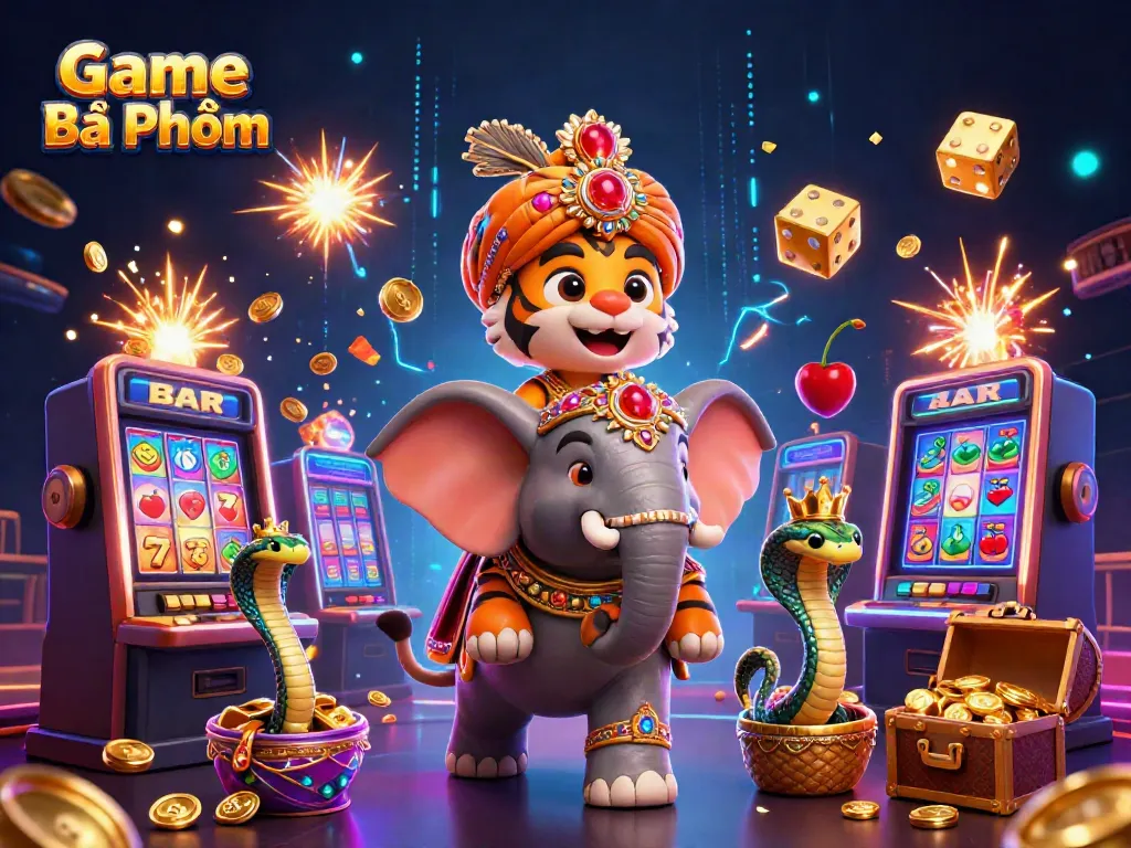 Experience the thrill of Game Bài Phỏm with vibrant characters and casino elements bursting with excitement.