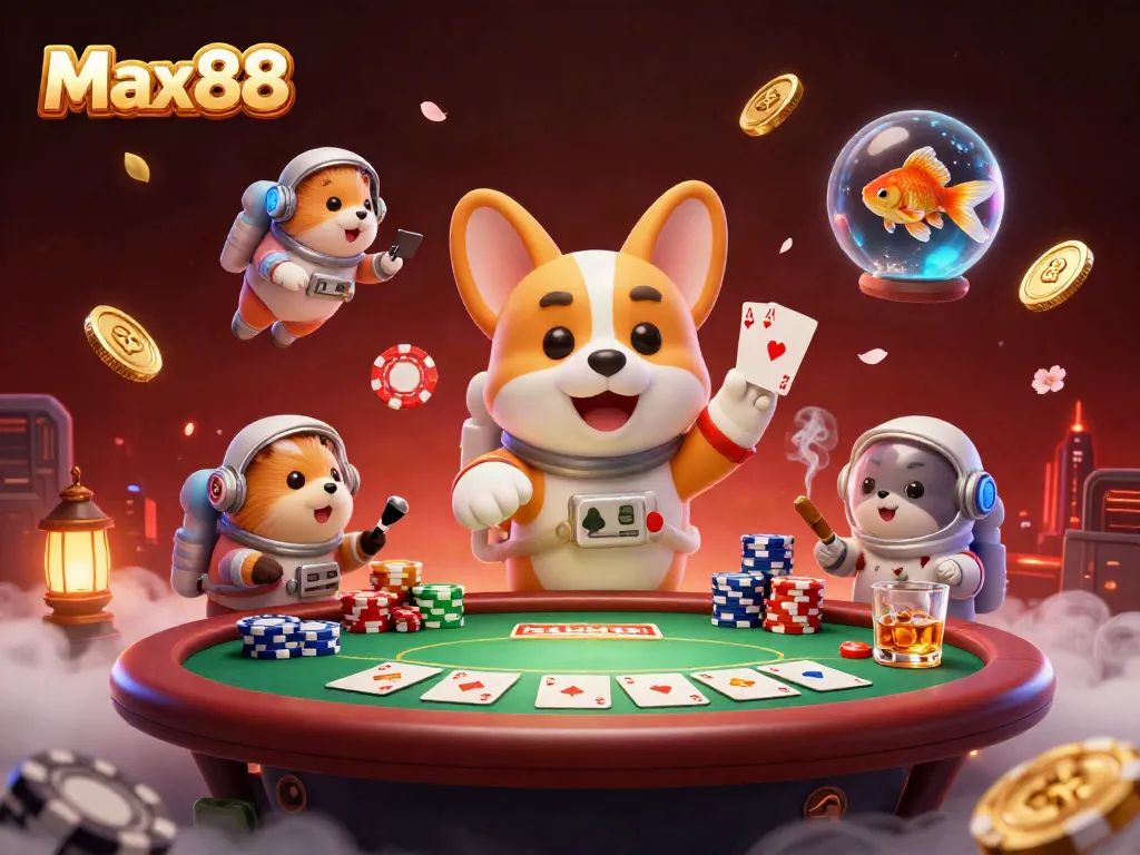 Max88 online casino scene with a cartoon astronaut corgi and poker elements floating in space.