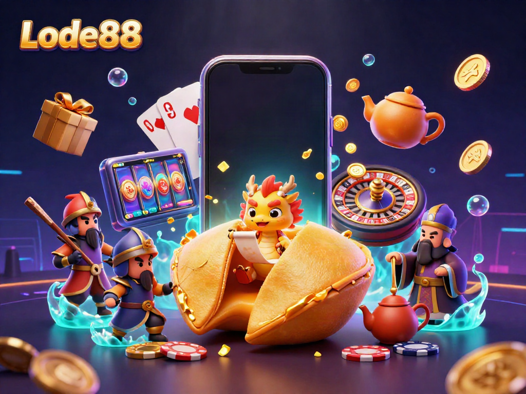 Engage with Lode88's exciting online casino experience featuring cartoon characters and casino elements.