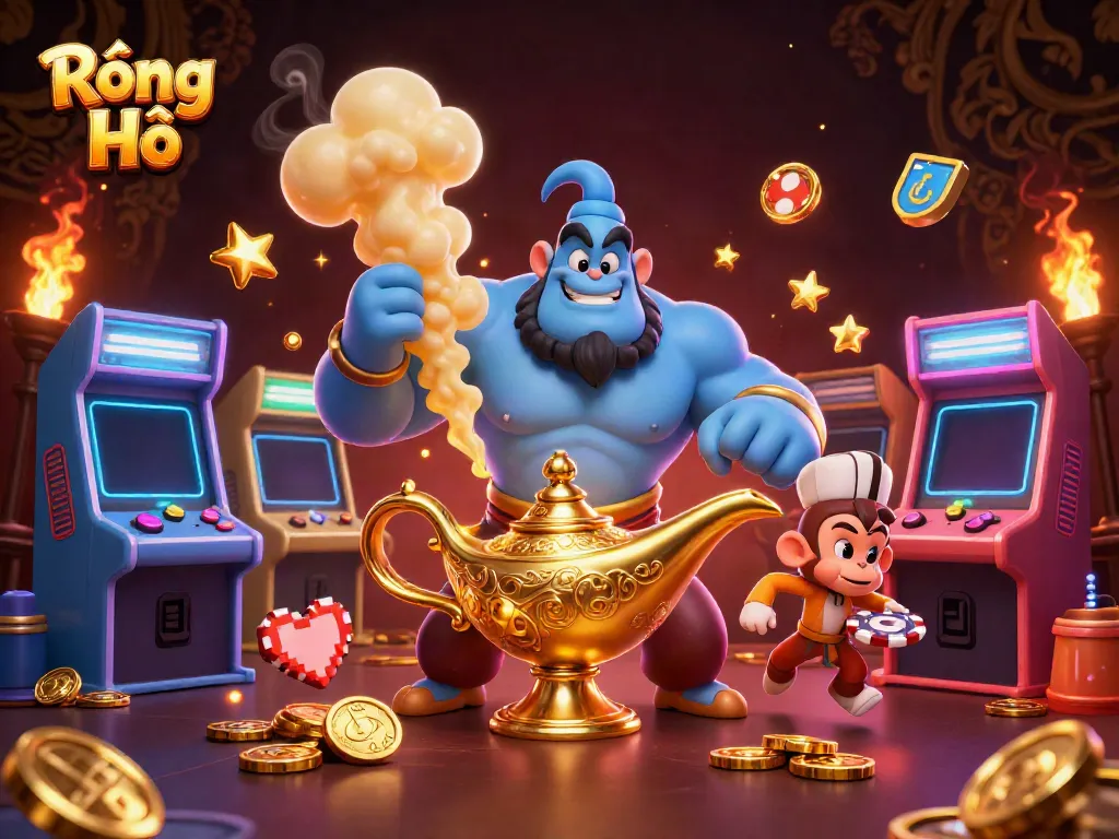 Engage in Rồng Hổ excitement with a vibrant 3D scene featuring a blue genie, a monkey, and poker chips.