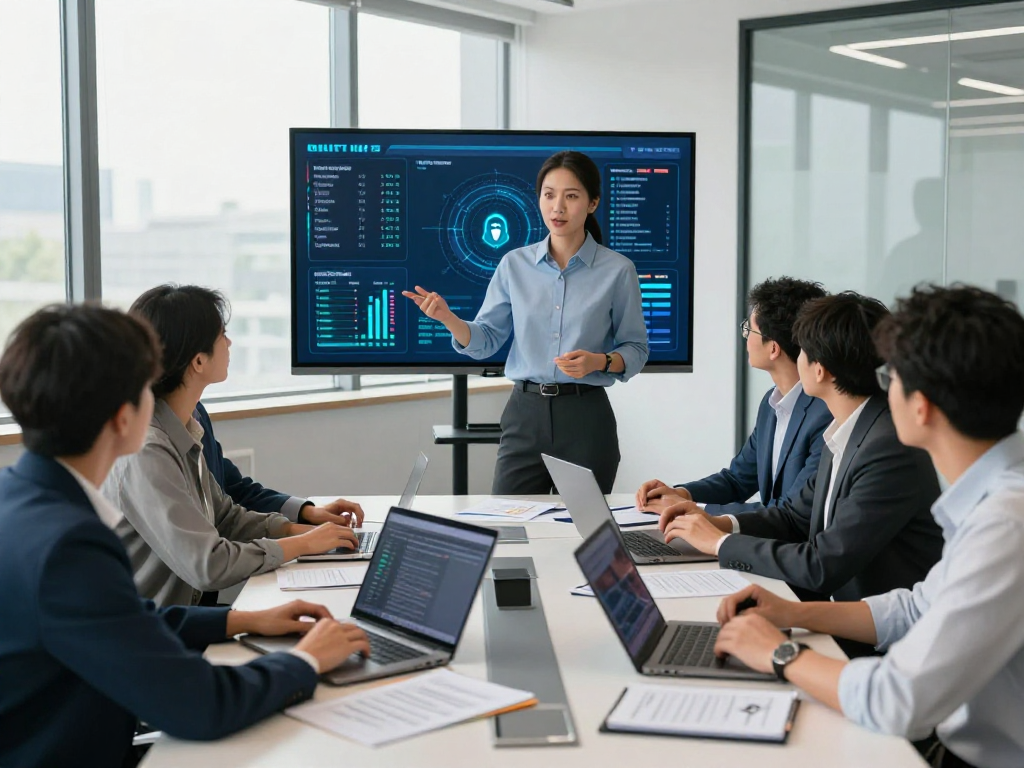Daten- und IT-Sicherheit Dienstleistung in einem modernen Büro mit Experten und einem Team, das Sicherheitsstrategien bespricht.