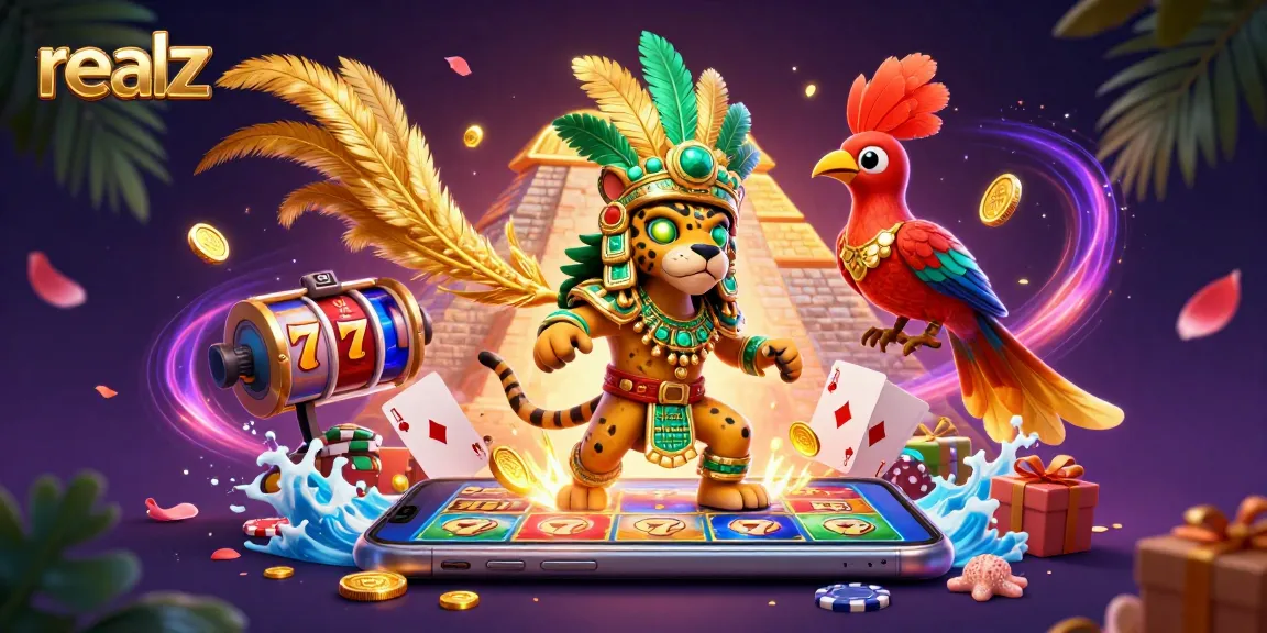 Engage with realz slots by spinning colorful reels and collecting golden coins in this vibrant casino scene.