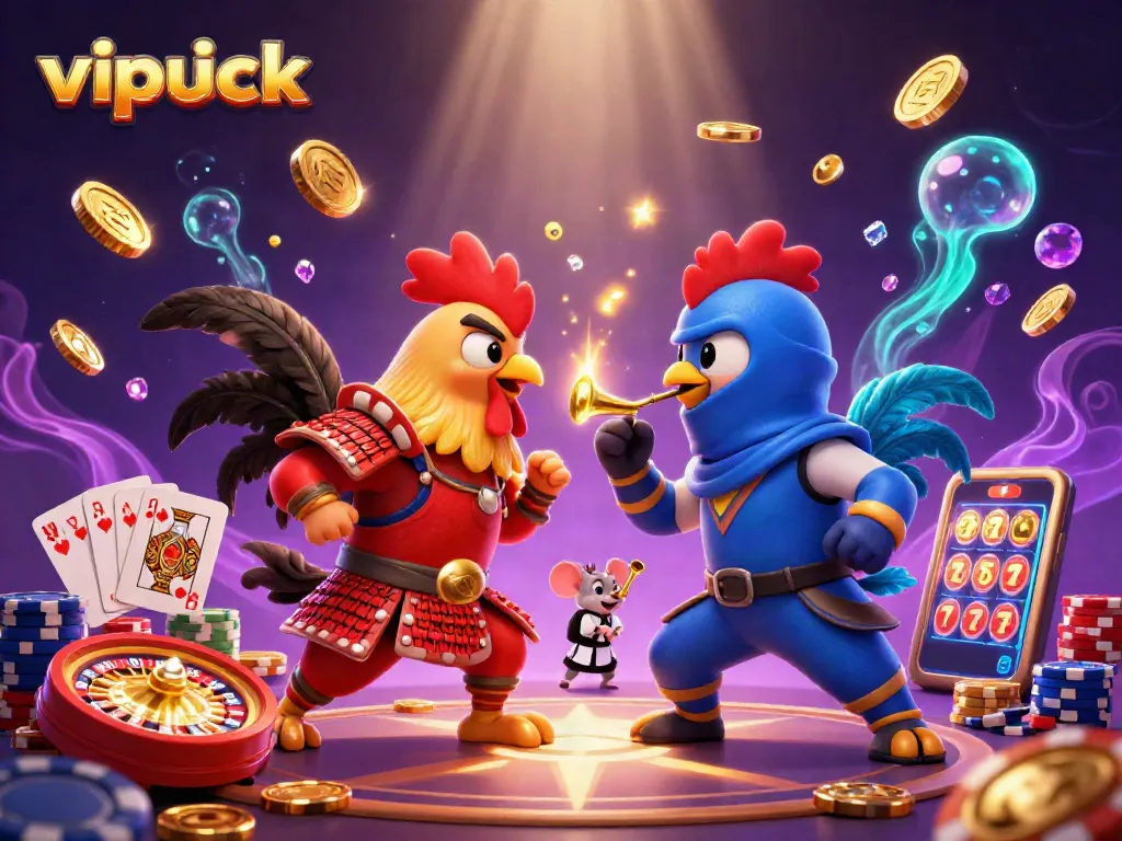 Experience the thrill of vipluck with 3D fighting roosters, coins, and roulette action!
