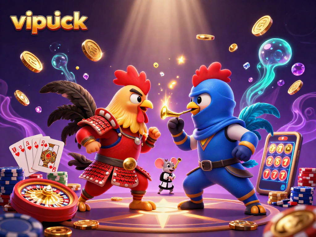 Experience the thrill of vipluck with 3D fighting roosters, coins, and roulette action!