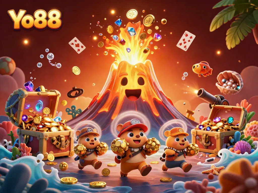 Experience the thrill of Yo88 with a vibrant 3D illustration of a golden volcano surrounded by treasure and gaming elements.