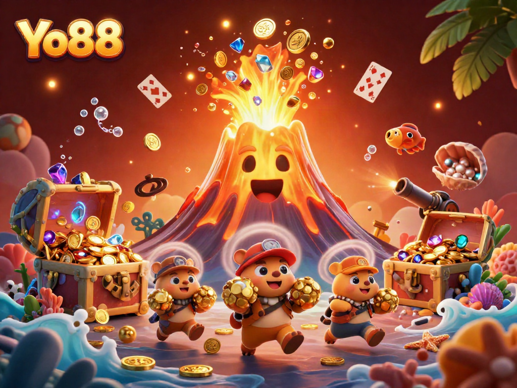 Experience the thrill of Yo88 with a vibrant 3D illustration of a golden volcano surrounded by treasure and gaming elements.