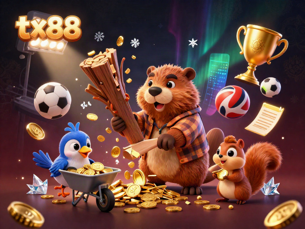 Engage with tx88's exciting gaming scene featuring animated characters surrounded by sports and casino elements.