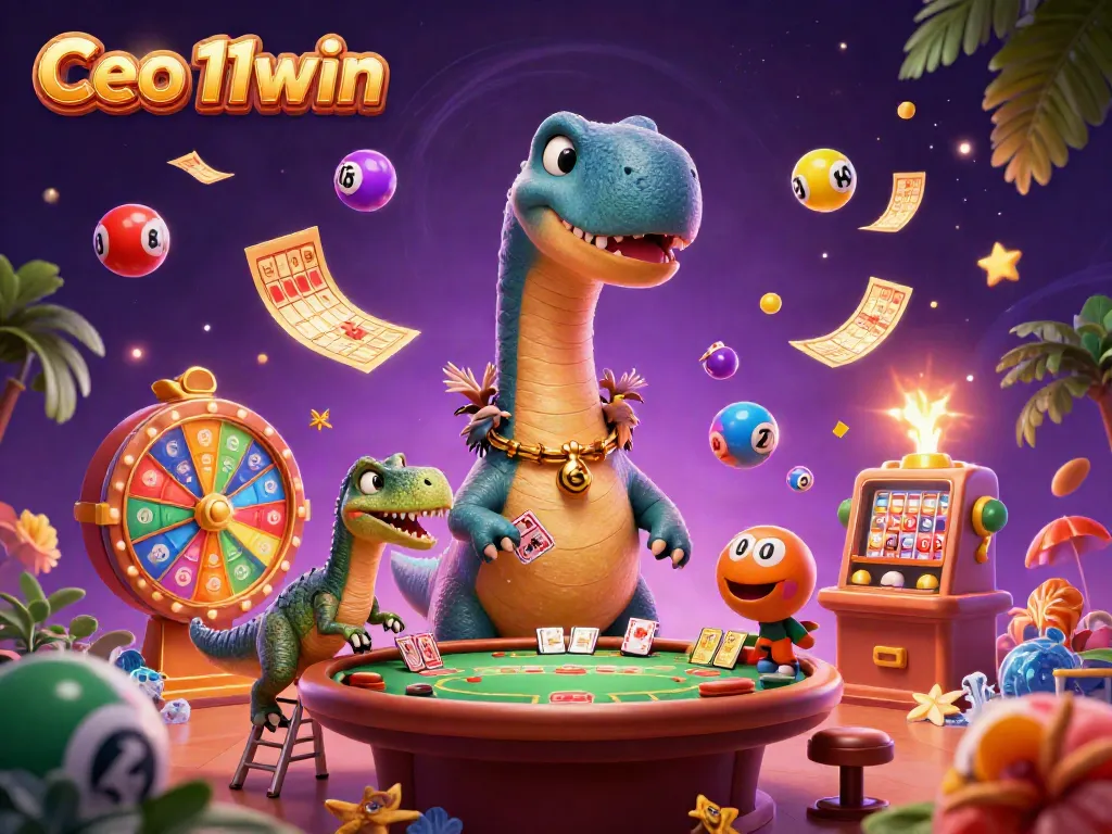 Engage with exciting games at Ceo 11win, where a giant brontosaurus oversees a high-stakes poker table.