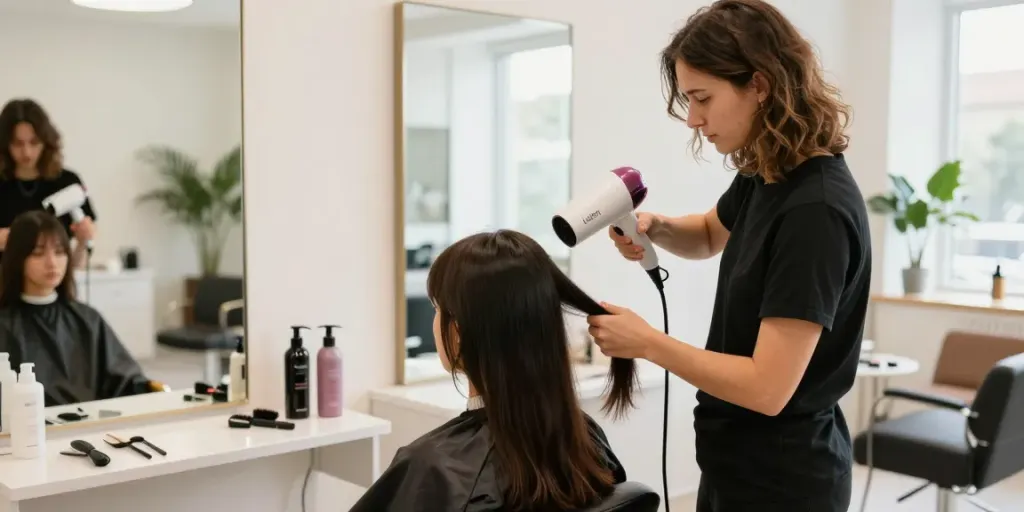 Professionelle Anwendung des laifen Föhns in einem stilvollen Friseursalon mit natürlichem Licht.