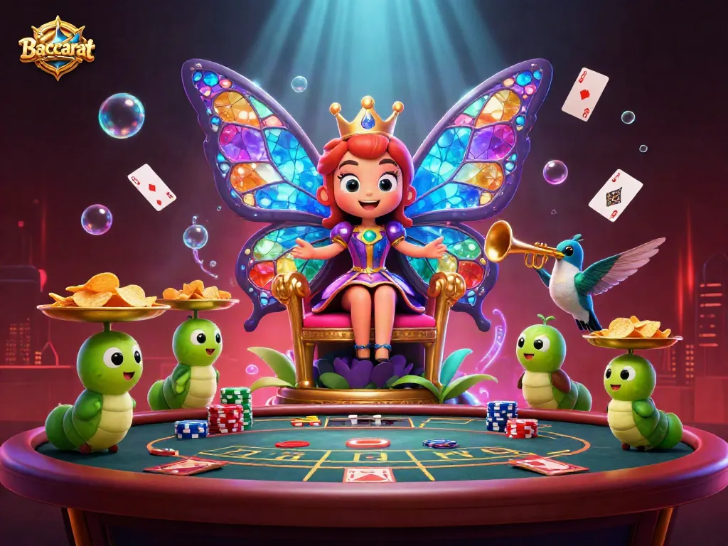Experience Baccarat with vibrant characters, chips, and dynamic casino elements.