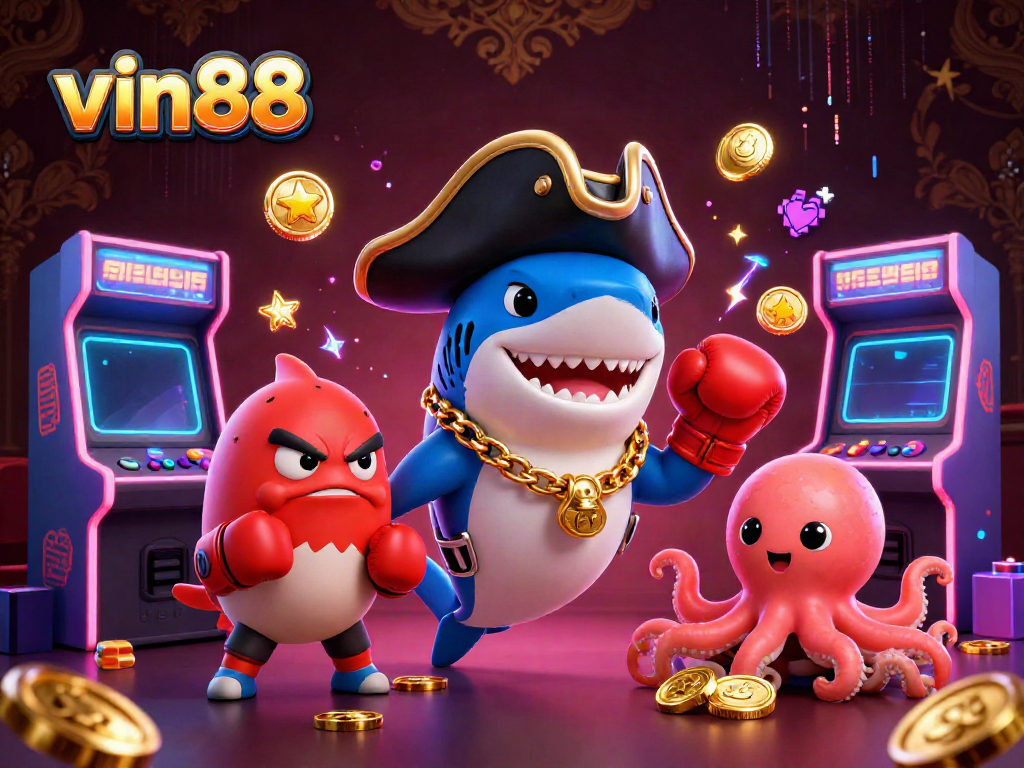 Experience the excitement of vin88 with a cartoon pirate shark, pufferfish, and octopus in a vibrant casino scene.