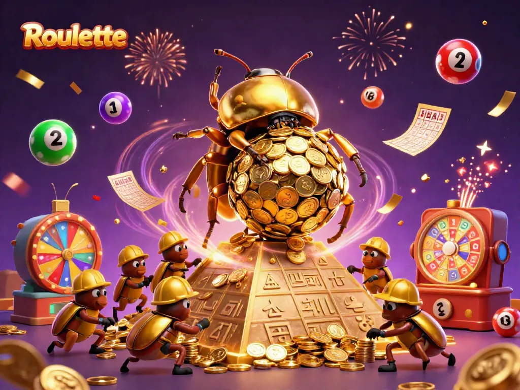 Play Roulette with a vibrant scene featuring golden beetles and casino symbols.