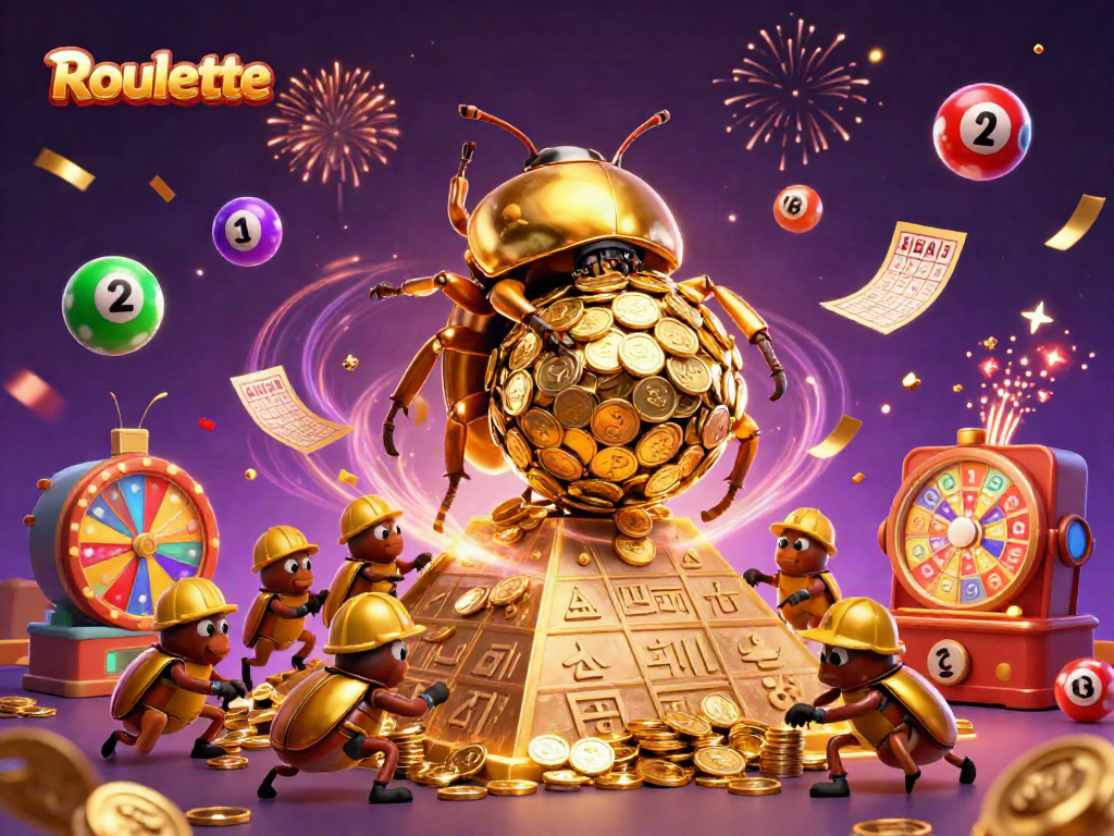Play Roulette with a vibrant scene featuring golden beetles and casino symbols.