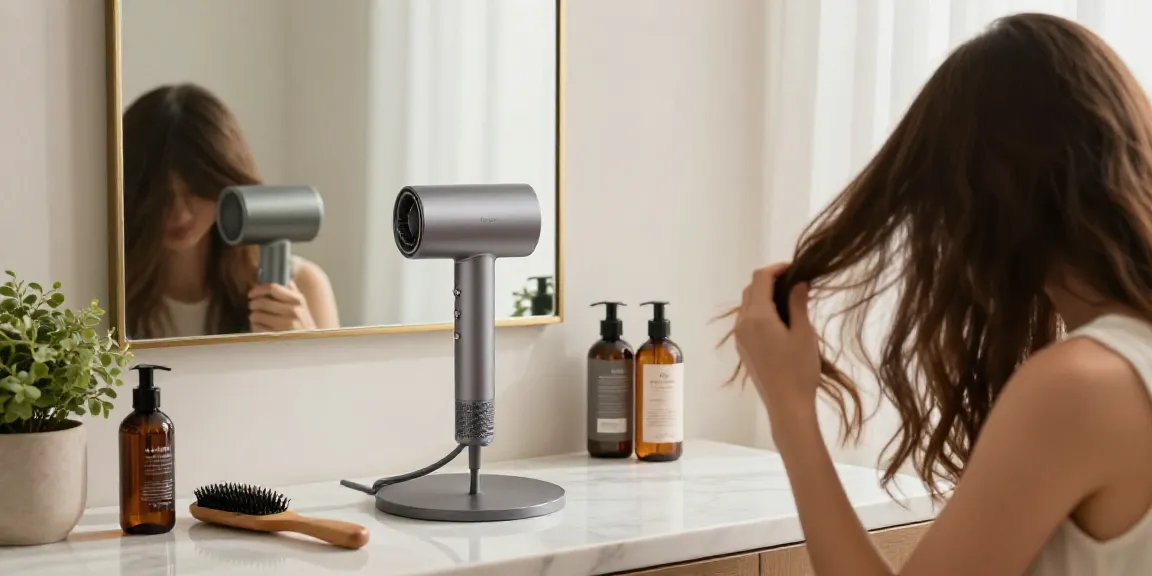 Laifen Haartrockner in modernem Badezimmer mit Styling-Produkten und entspannter Atmosphäre.
