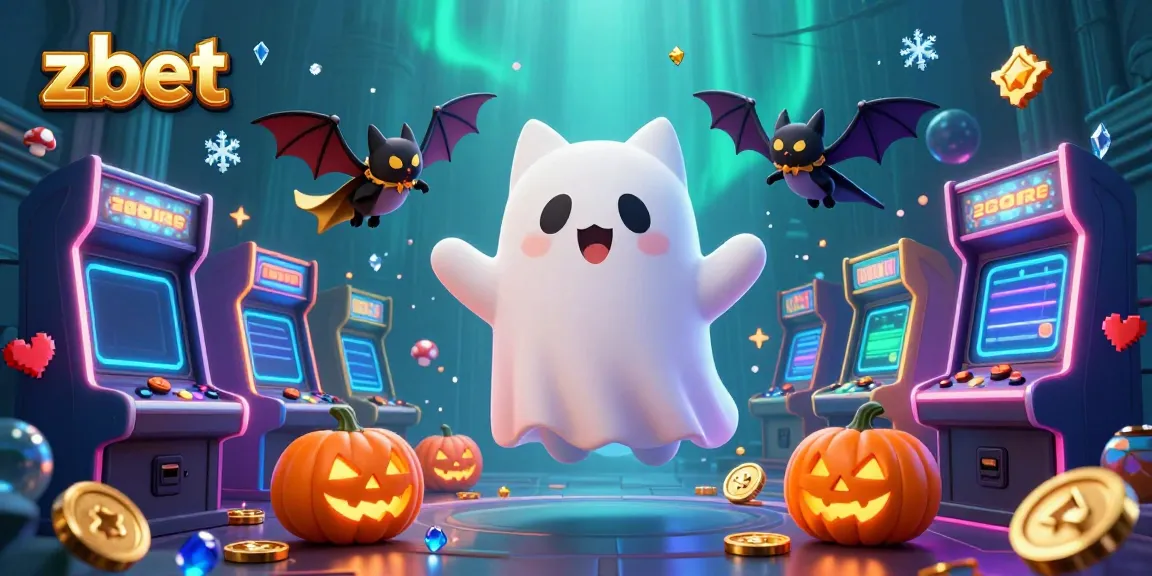 Engaging scene featuring zbet's ghost cat amidst glowing slot machines and arcade games.