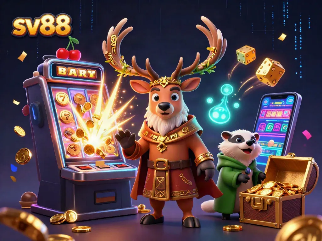 Spin the reels at sv88 with a 3D illustration showcasing vibrant slot machines and magical elements.