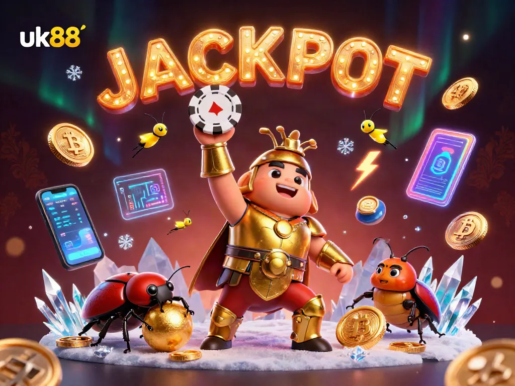 Engage in thrilling action at uk88 with cartoon beetles celebrating a jackpot win in 3D.