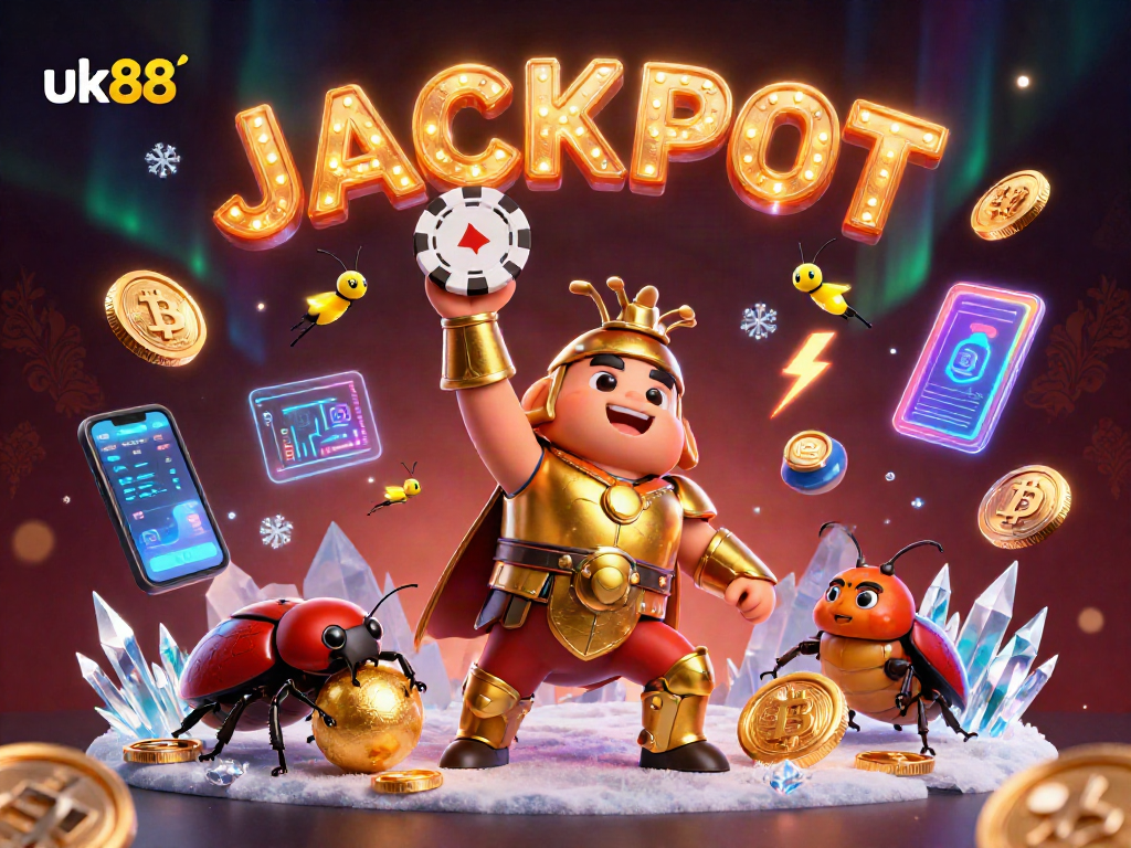 Engage in thrilling action at uk88 with cartoon beetles celebrating a jackpot win in 3D.