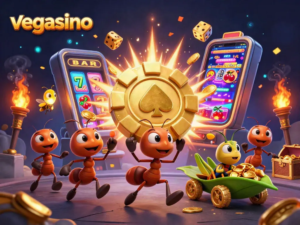 Engage with vegasino's thrilling world as cartoon ants escape with a giant chip amidst jackpot chaos.
