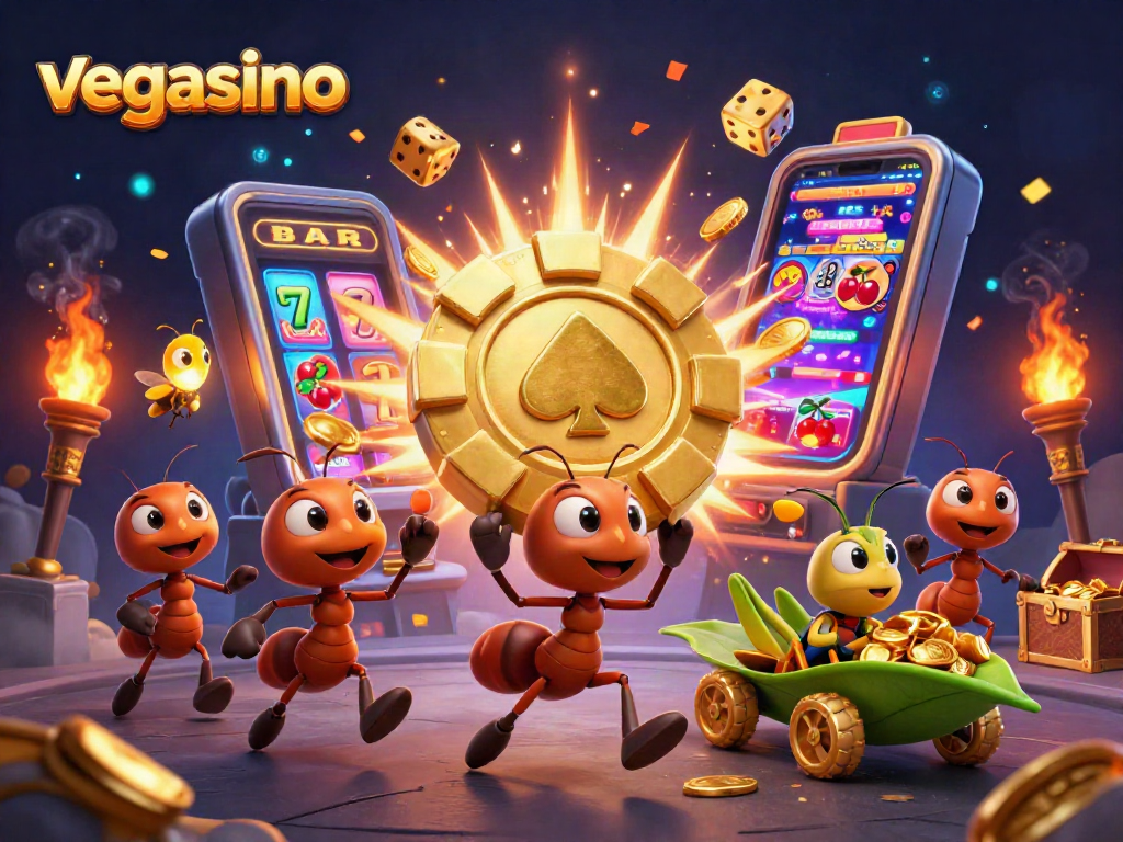 Engage with vegasino's thrilling world as cartoon ants escape with a giant chip amidst jackpot chaos.