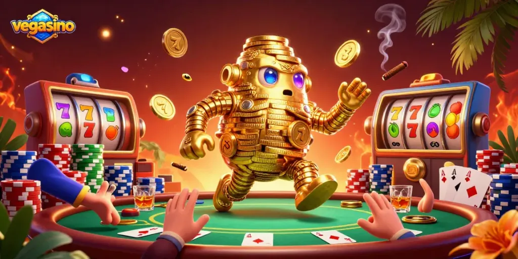 Experience the thrill of vegasino with our dynamic 3D casino illustration depicting games, golems, and vibrant elements.
