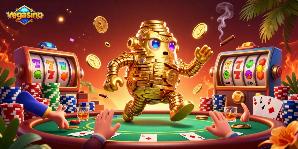 Experience the thrill of vegasino with our dynamic 3D casino illustration depicting games, golems, and vibrant elements.