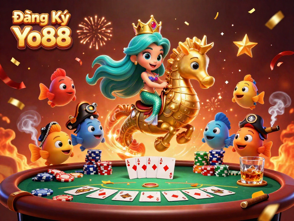Experience the thrill of Đăng Ký Yo88 with this vibrant scene of a mermaid princess playing poker amidst colorful fish sidekicks.