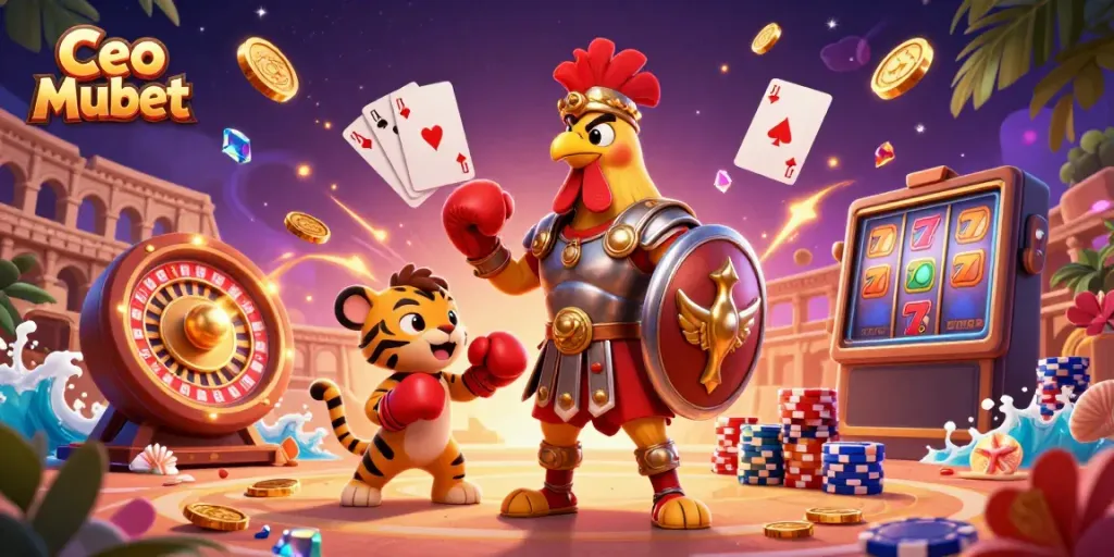 Experience thrilling gameplay with Ceo Mubet amidst golden coins and vibrant poker chips.