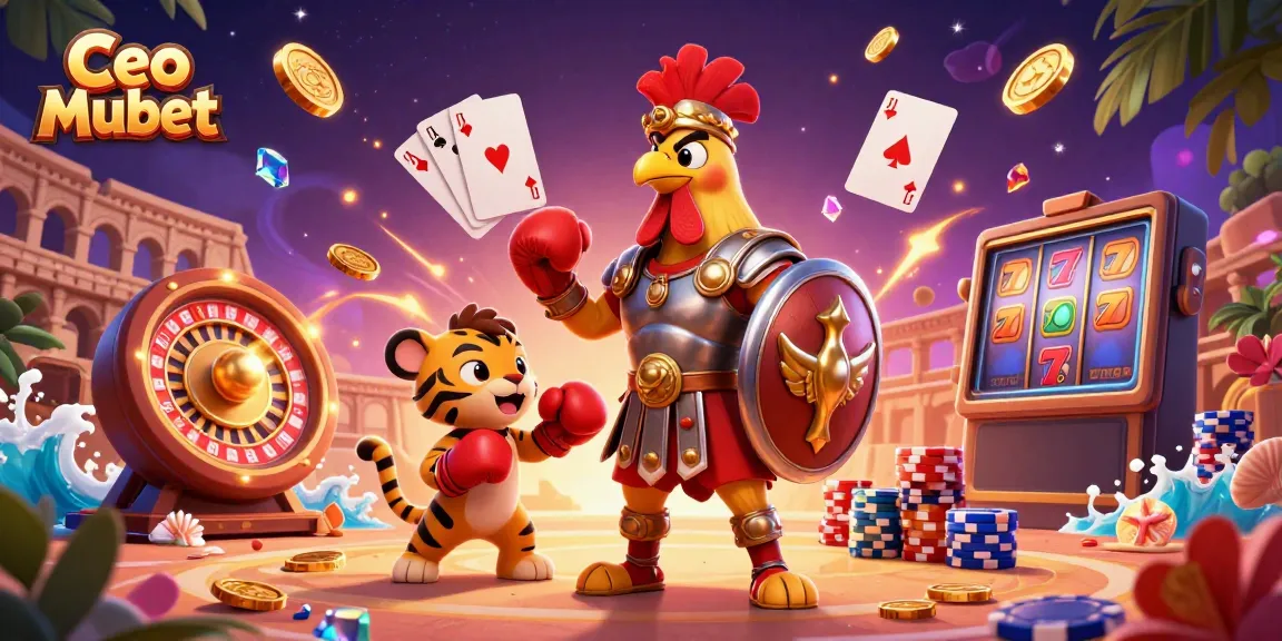 Experience thrilling gameplay with Ceo Mubet amidst golden coins and vibrant poker chips.