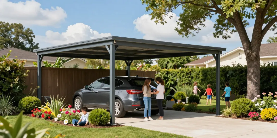 Moderne Carport-Installation schützt Familie und Auto im geschmackvollen Garten.
