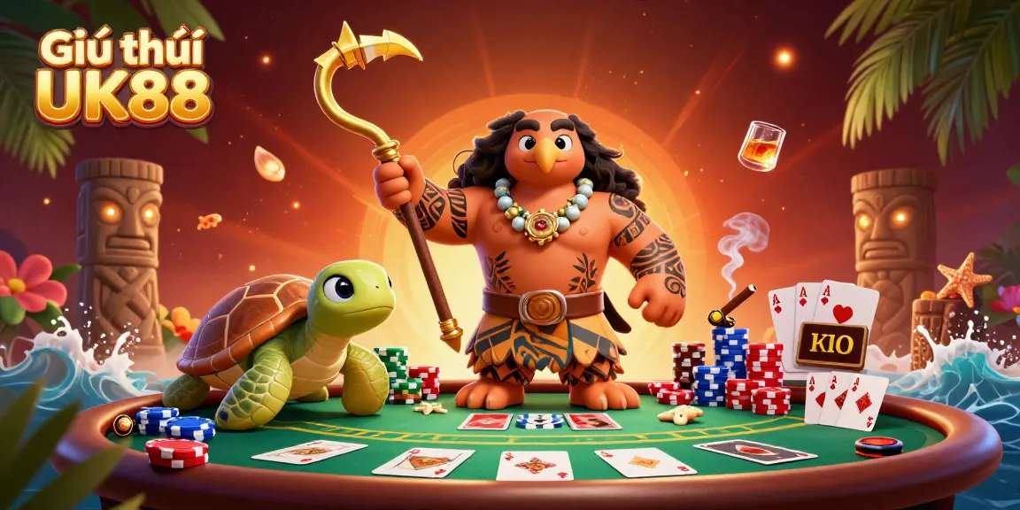 Experience Giới thiệu UK88 with vibrant 3D casino-themed illustration showcasing a demigod adventuring in a poker setting.